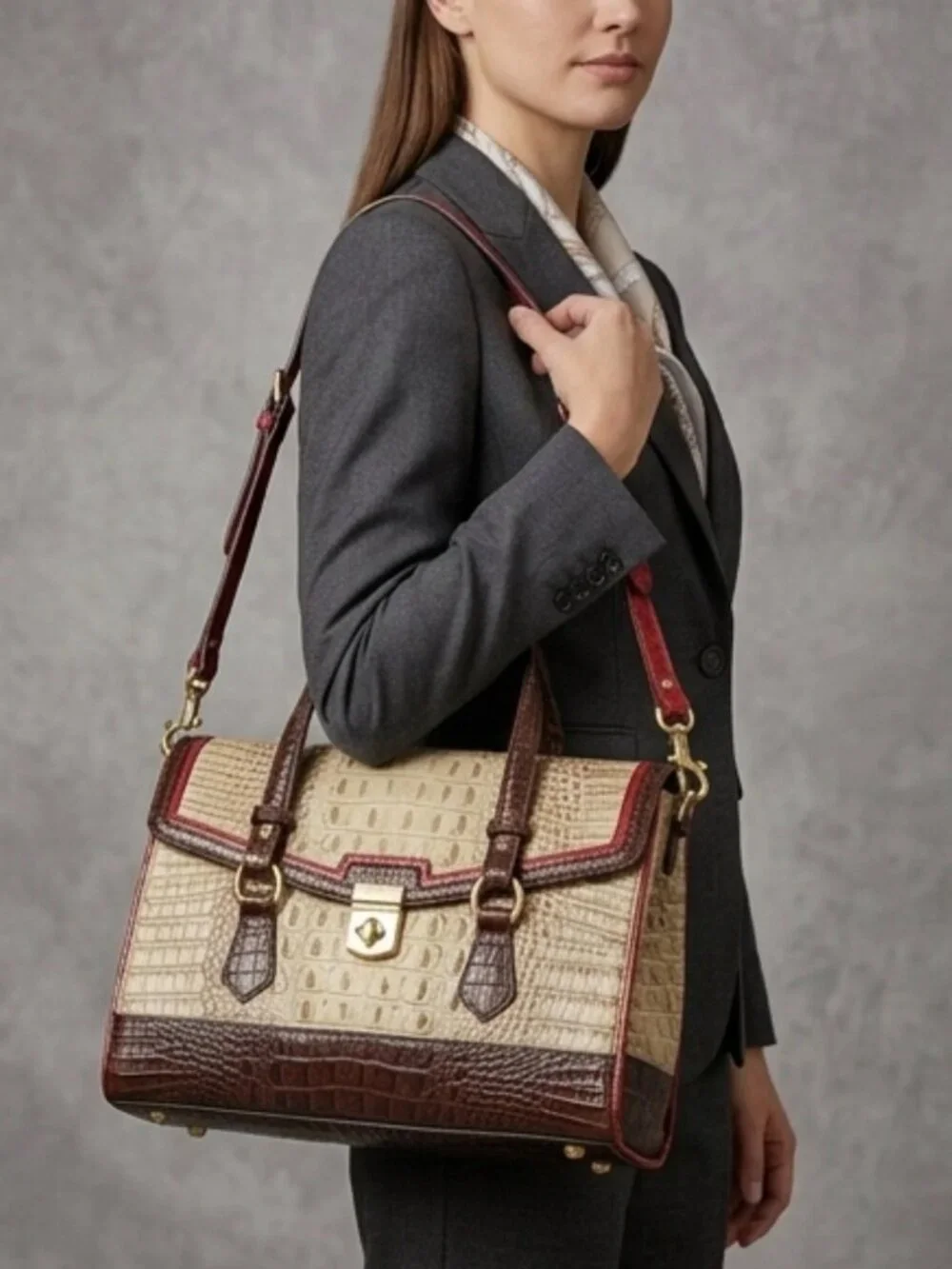 🤍 Brahmin Tri-Color Croc Embossed Leather Shoulder Satchel/Crossbody - Picture 3 of 13